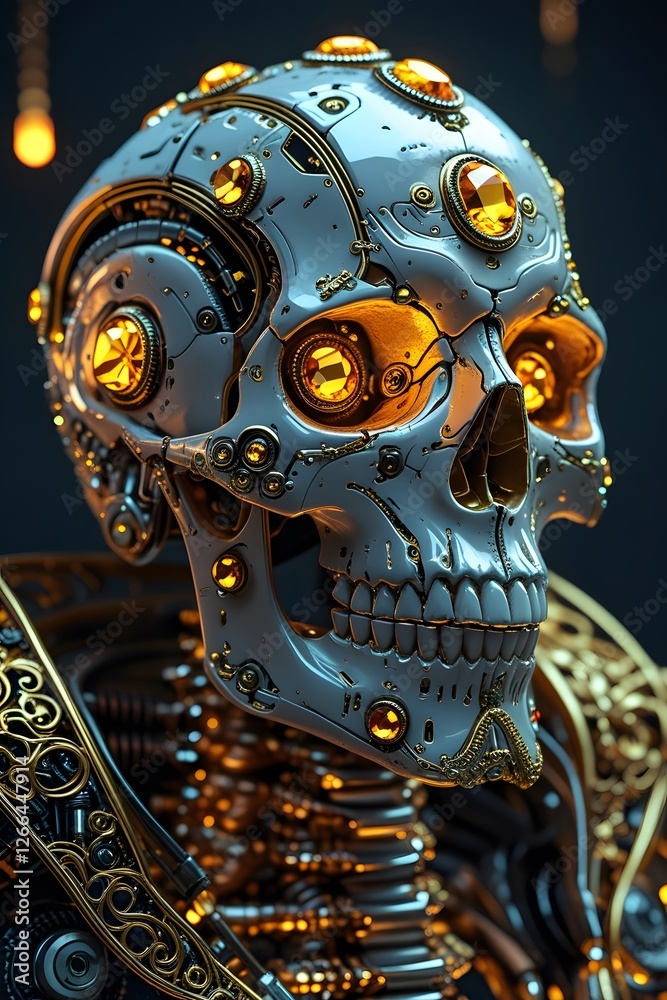 Fototapeta premium Steampunk Skull Robot with Golden Gears and Ornate Details