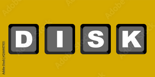 Letter combination D,I,S,K means disk. Clip art keyboard button isolated on yellow background. Keyboard digital shortcut graphic resource