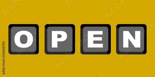 Letter combination O,P,E,N means open. Clip art keyboard button isolated on yellow background. Keyboard digital shortcut graphic resource