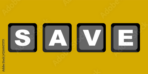Letter combination S,A,V,E means save. Clip art keyboard button isolated on yellow background. Keyboard digital shortcut graphic resource