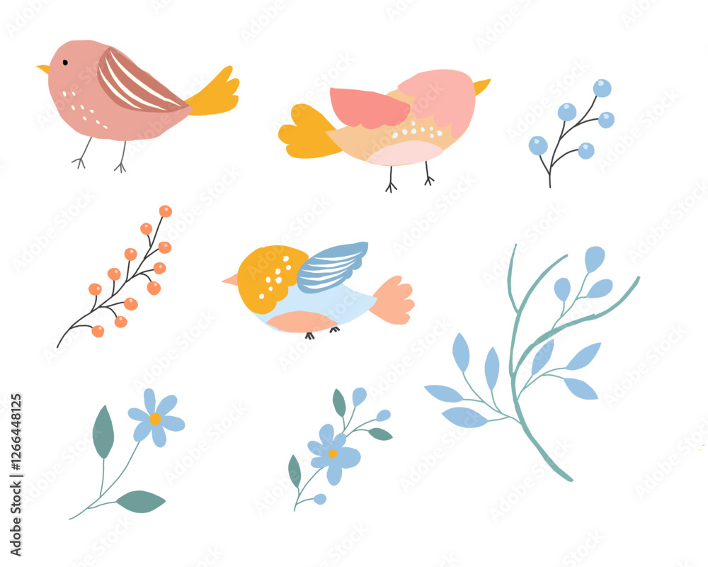 Fototapeta premium Cute Birds and Floral Illustration