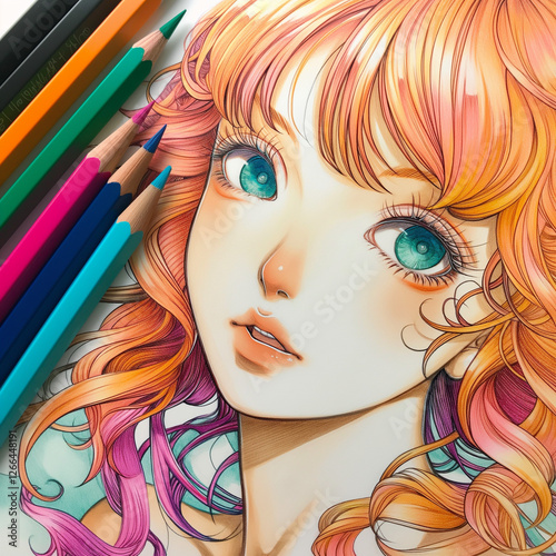 Vibrant close-up of a colorful illustration showcasing intricate hair designs in shades of orange, pink, and blue. A variety of colored pencils are arranged alongside, highlighting the artistic proces photo