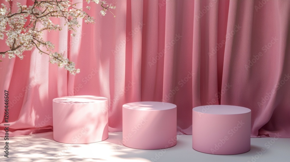 Soft Pink Cylinders on a Light Pink Backdrop with Floral Accents Soft Pink Cylinders on a Light Pink Backdrop with Floral Accents
