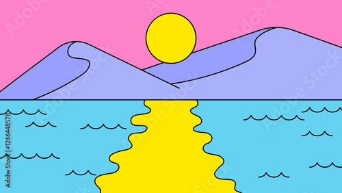 Bright sun rising over mountains and shimmering water cartoon hand drawn