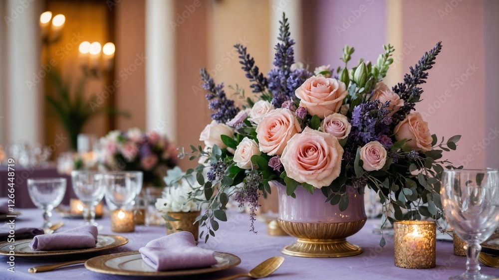 Naklejka premium A pastel pink and lavender-themed table arrangement.