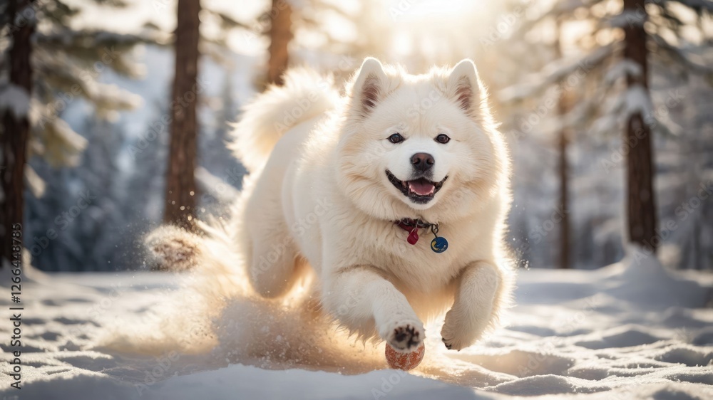 A joyful dog running through the snow in a winter landscape. A joyful dog running through the snow in a winter landscape.