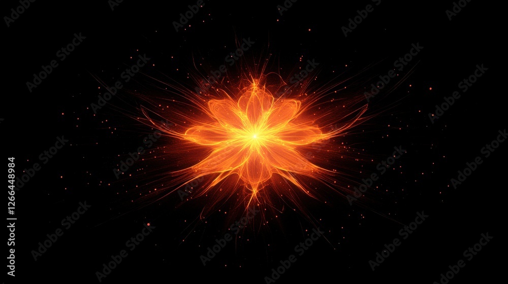 Bright Orange Flower Shape with Radiating Sparks on Black Background Bright Orange Flower Shape with Radiating Sparks on Black Background