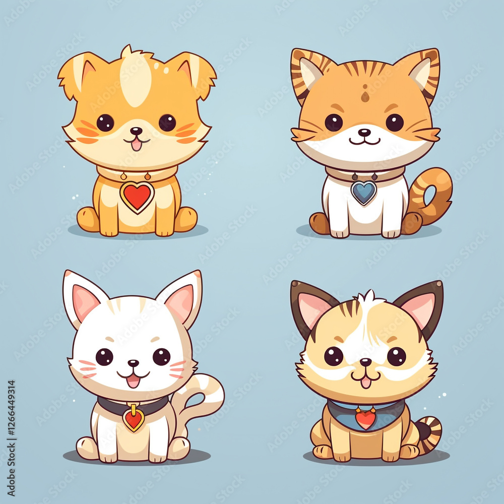 Fototapeta premium Cute cartoon animals sit on a light background. 2D flat illustration.