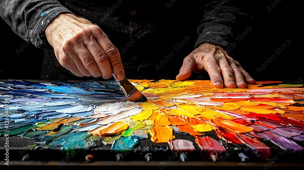 Artist's hands using palette knife on vibrant oil painting. Artist's hands using palette knife on vibrant oil painting.