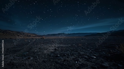 Serene Nighttime Desert Landscape with Starry Sky and Mountain Range