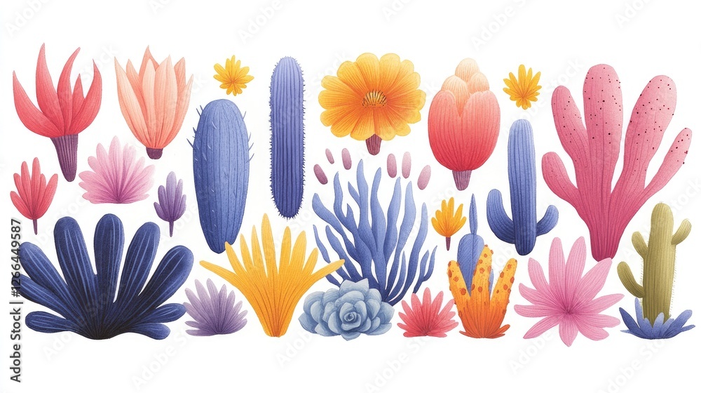 Colorful and diverse collection of illustrated cacti and flowers against a white background Colorful and diverse collection of illustrated cacti and flowers against a white background