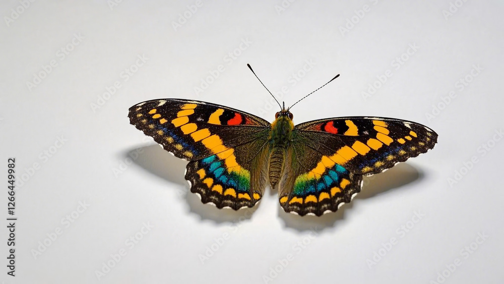 Fototapeta premium A colorful butterfly, isolated on white, The butterfly has black, brown, yellow and teal markings.