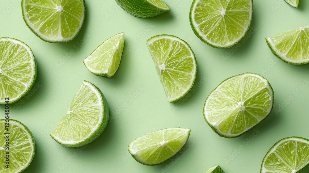 Fresh lime slices arranged on mint green background Fresh lime slices arranged on mint green background