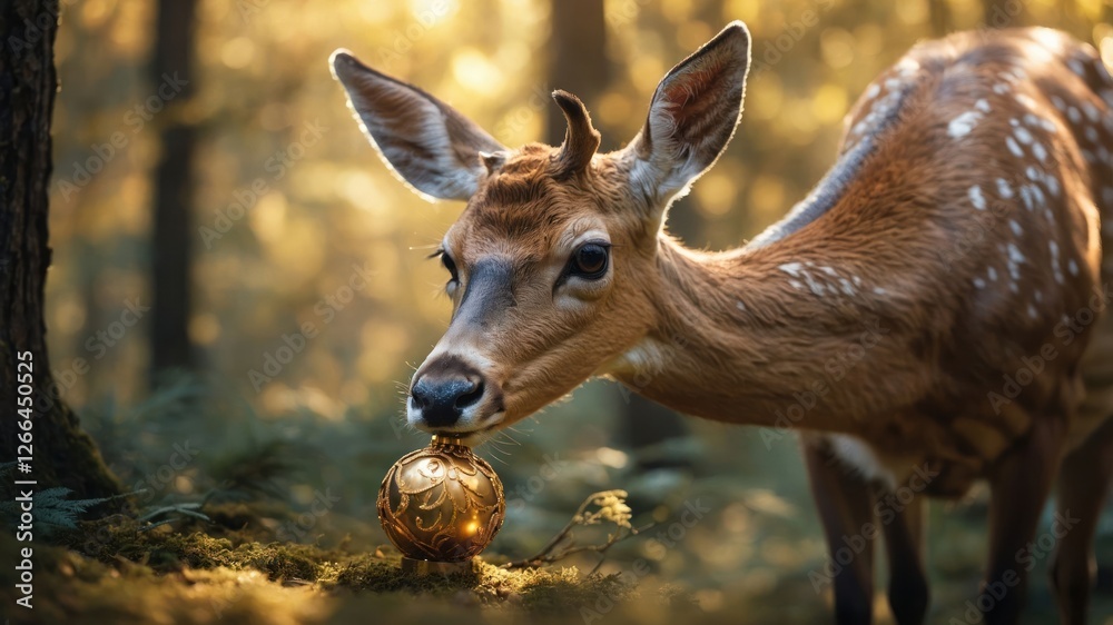 A deer curiously holds a golden ornament in a serene forest setting. A deer curiously holds a golden ornament in a serene forest setting.