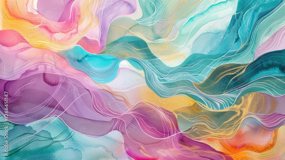 abstract watercolor painting, flowing lines, fluid shapes, with hints of gold and white details, bright colours, turquoise teal purple pink yellow red green, soft edges, dreamy abstract watercolor painting, flowing lines, fluid shapes, with hints of gold and white details, bright colours, turquoise teal purple pink yellow red green, soft edges, dreamy