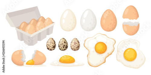 Raw boiled eggs. Cartoon chicken or quail egg carton tray pack, eco protein meal breakfast half fried fresh yolk in brown eggshell, poultry natural food vector illustration of protein yolk breakfast o