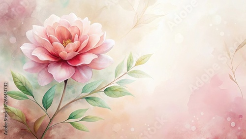 Serene Pink Blossom with Delicate Watercolor Leaves on a Soft Pastel Background