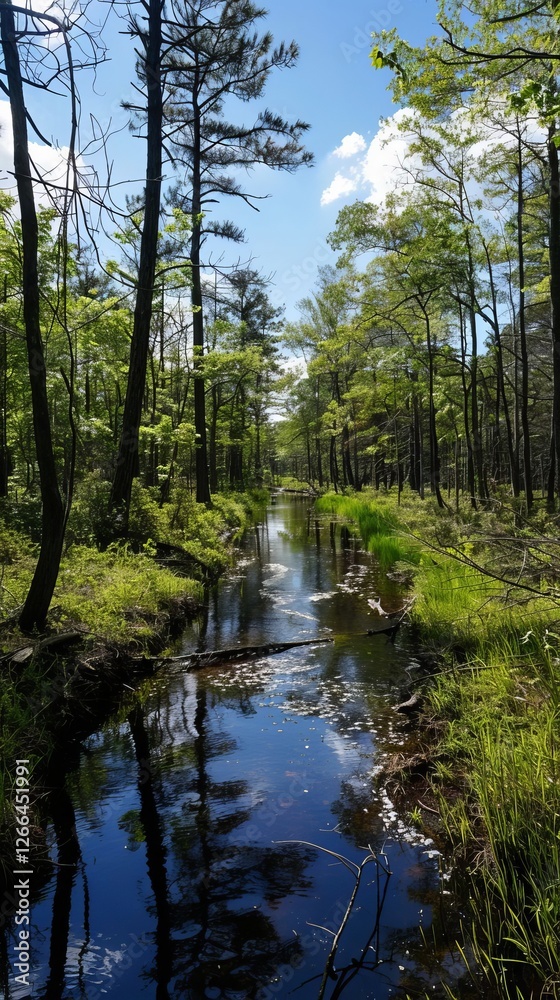Fototapeta premium Serene Woodland Creek Reflecting Trees Tranquil Nature Scene Summer Sunlight