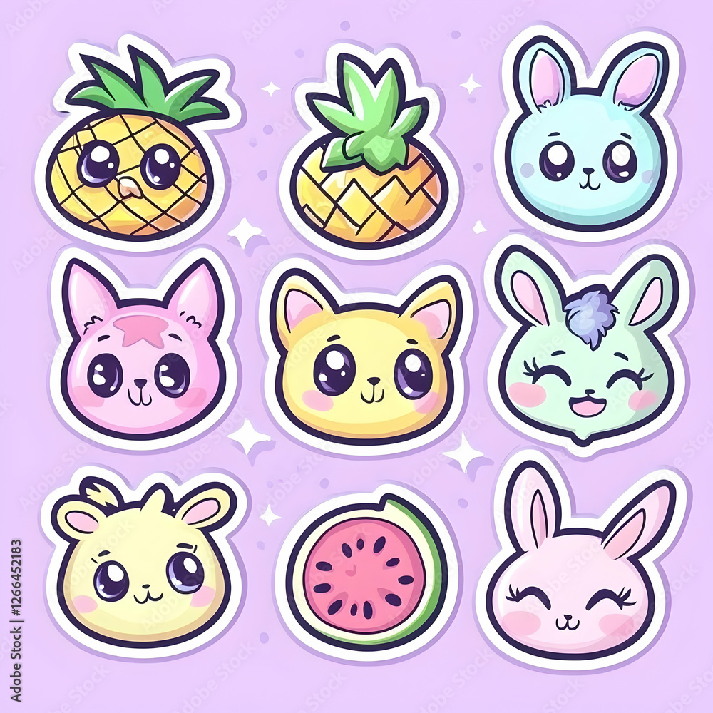 Fototapeta premium Cute cartoon animals and fruits stickers; pastel background; ideal for kids' products, social media, or websites