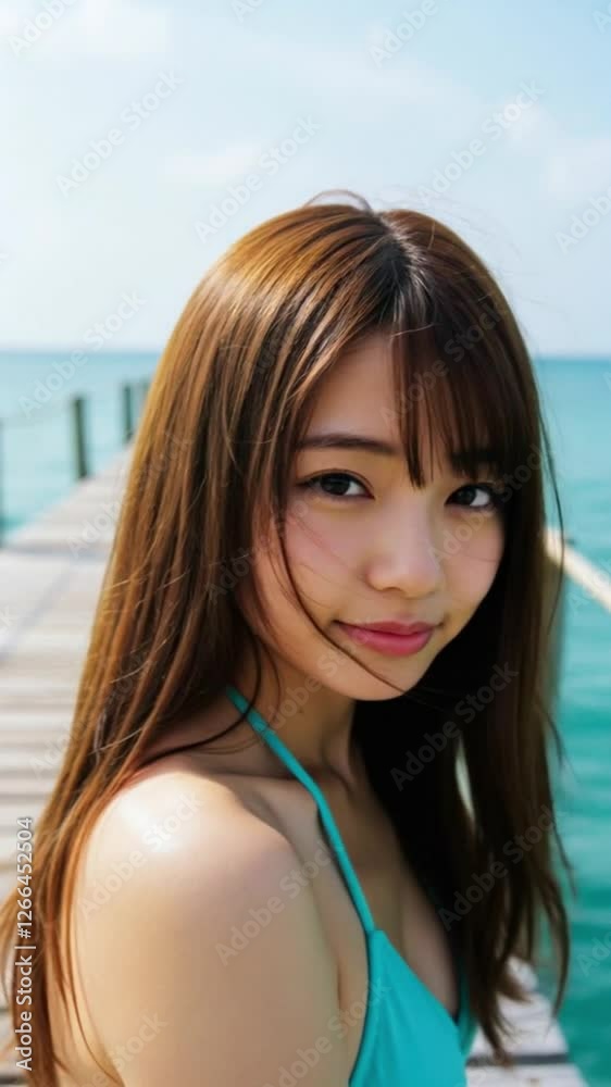 夏の輝き – 透き通る海と木製桟橋の少女
夏の輝き – 透き通る海と木製桟橋の少女