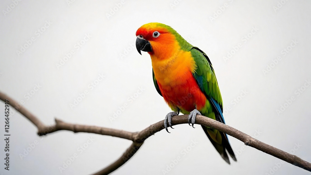 Obraz premium Vibrant conure perched on a branch. The parrot's plumage displays orange, yellow, and green hues.
