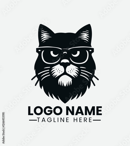 Grumpy Hipster Cat Logo Design, Sourpuss Cat Logo, Moody Feline Logo, Hipster Kitty Logo, Coffee Shop Cat Mascot