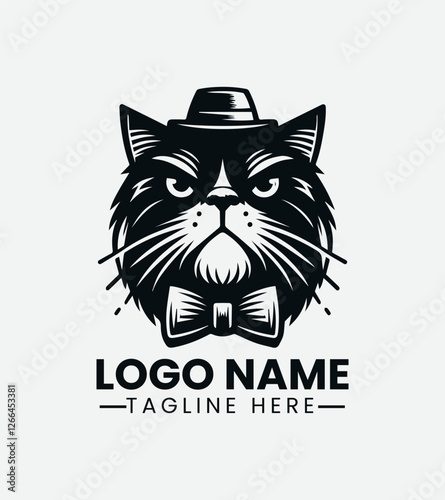 Grumpy Hipster Cat Logo Design, Sourpuss Cat Logo, Moody Feline Logo, Hipster Kitty Logo, Coffee Shop Cat Mascot