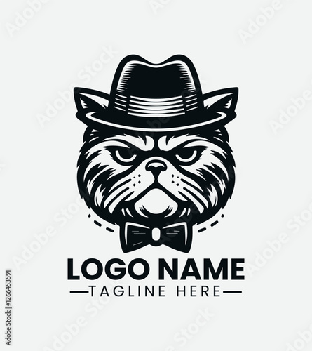 Grumpy Hipster Cat Logo Design, Sourpuss Cat Logo, Moody Feline Logo, Hipster Kitty Logo, Coffee Shop Cat Mascot