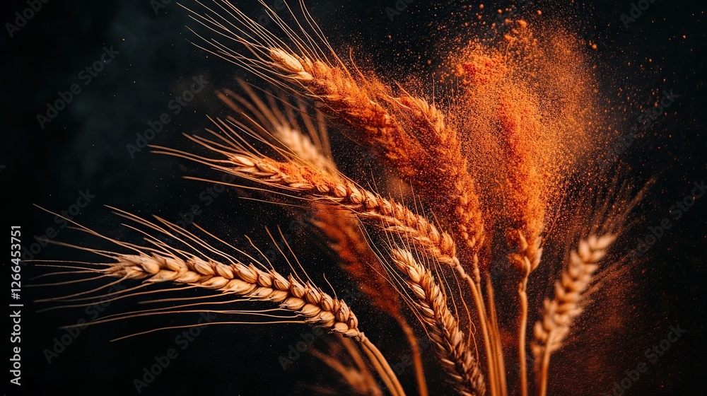 Wheat explosion, dark background, spice dust, food photography