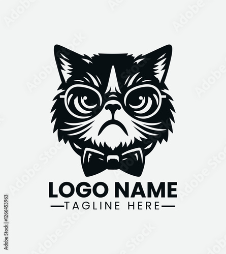Grumpy Hipster Cat Logo Design, Sourpuss Cat Logo, Moody Feline Logo, Hipster Kitty Logo, Coffee Shop Cat Mascot