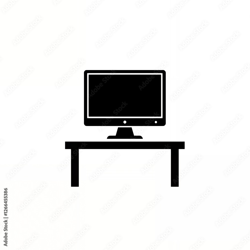 Desktop Computer Monitor on Table Simple Black and White Minimalist Icon Desktop Computer Monitor on Table Simple Black and White Minimalist Icon