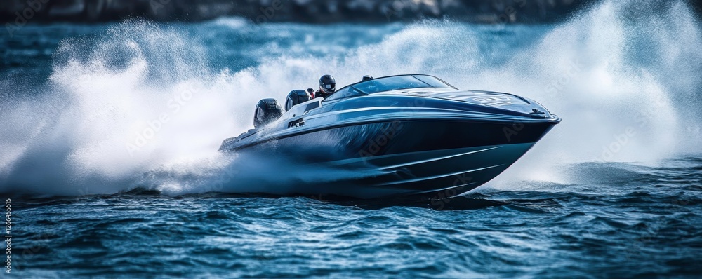 Fototapeta premium A sleek speedboat races across vibrant blue waters, creating splashes and showcasing its power and agility against a scenic backdrop.