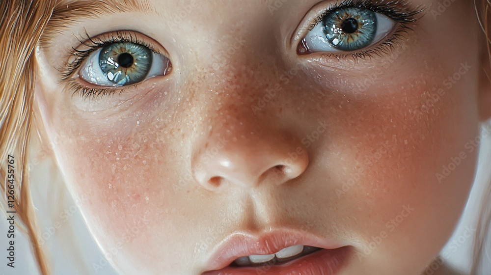 Naklejka premium Close up portrait of a young girl with freckles and blue eyes