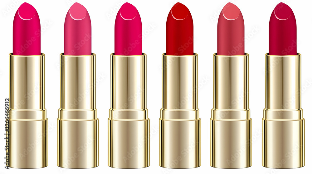 Obraz premium Seven shades of lipstick, beauty product, colorful makeup, isolated on white background, perfect for cosmetic ads