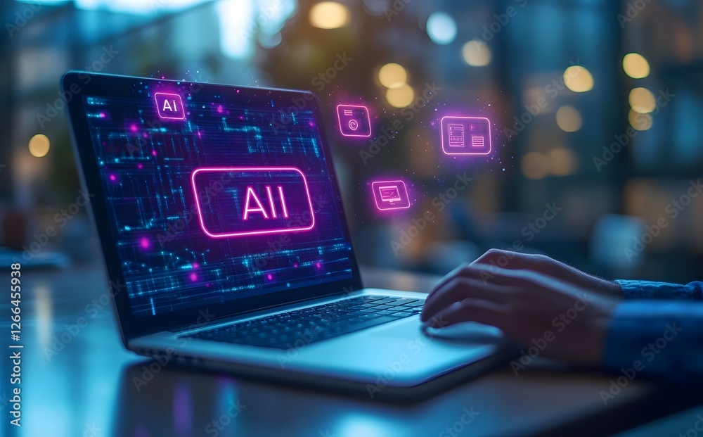 Businessman using AI powered laptop with chatbots in virtual office environment