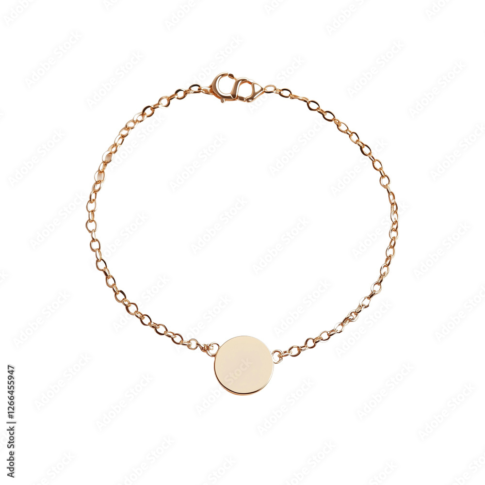 A delicate gold bracelet featuring a round charm, Isolated on white background.