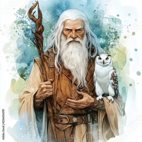 An elderly wizard with a snowy owl perched in his hand, wearing rustic robes and a leather vest. The watercolor background in blues, greens, and whites creates a magical and serene atmosphere. photo