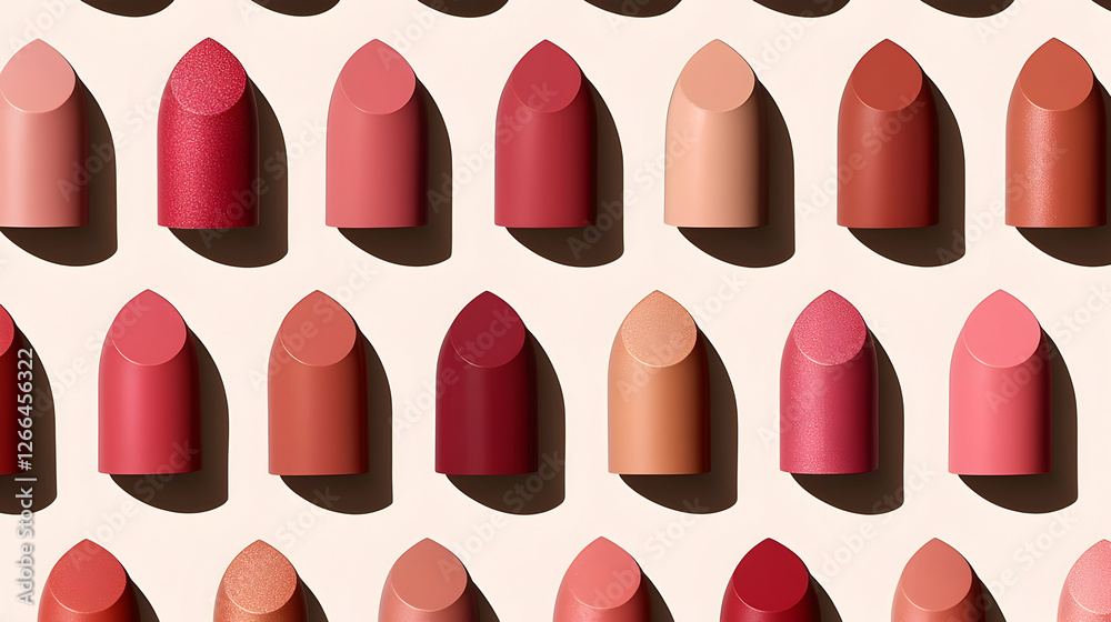 Obraz premium Lipstick shades arranged on beige background, beauty product flatlay, cosmetic texture, makeup assortment, perfect for advertising