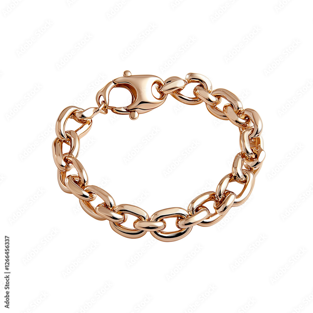 A shiny gold bracelet featuring interlocking links with a secure clasp, Isolated on white background. A shiny gold bracelet featuring interlocking links with a secure clasp, Isolated on white background.