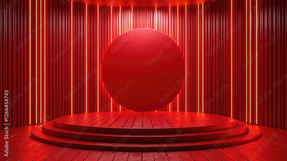 Red circular platform illuminated by vertical red lights in a minimalist studio setting Red circular platform illuminated by vertical red lights in a minimalist studio setting