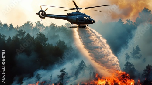 A helicopter battles a forest fire, releasing water to extinguish flames amidst smoke and trees.