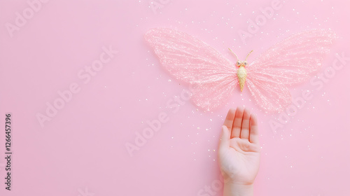 Pink butterfly on hand, pastel background, delicate design, feminine aesthetic, ideal for greeting cards