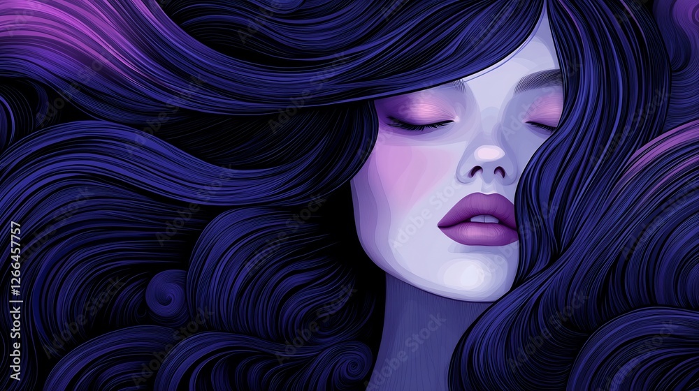 Fototapeta premium Serene woman sleeps peacefully surrounded by flowing dark purple hair soft lighting. AI Generated