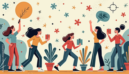 Vibrant illustration of women celebrating with gifts and flowers in a cheerful atmosphere
