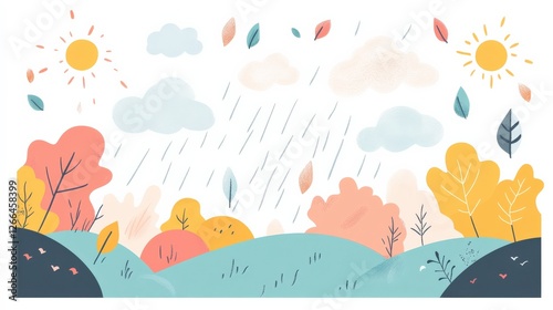 Colorful illustration depicting a vibrant landscape with sun, clouds, and rain, showcasing seasonal changes