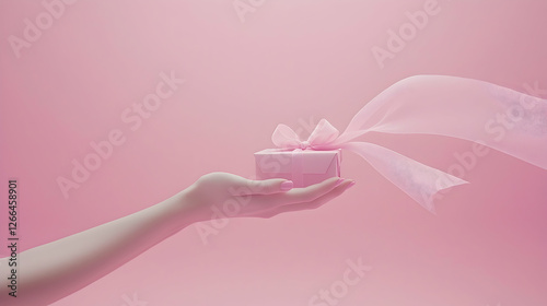 Pink gift box presented on pale hand, flowing ribbon, pink background; ideal for gifting, holidays, or celebrations