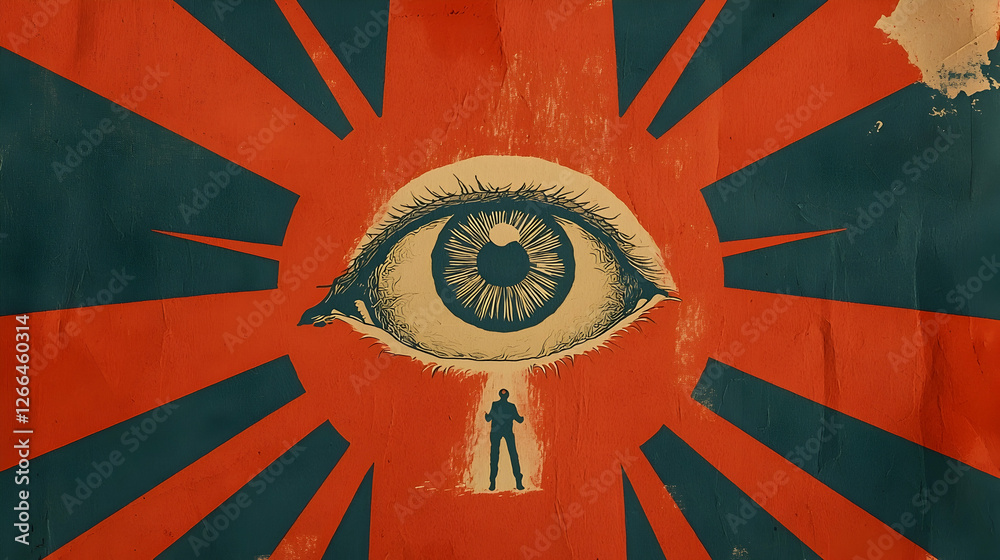 custom made wallpaper toronto digitalSurveillance, watchful eye poster, red sunburst background, man below, propaganda art, for political or mystery themes