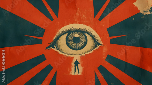 Surveillance, watchful eye poster, red sunburst background, man below, propaganda art, for political or mystery themes