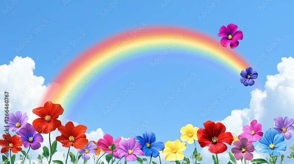 Obraz premium Rainbow, flowers, sky, clouds, field, vibrant, spring, joyful, banner, design