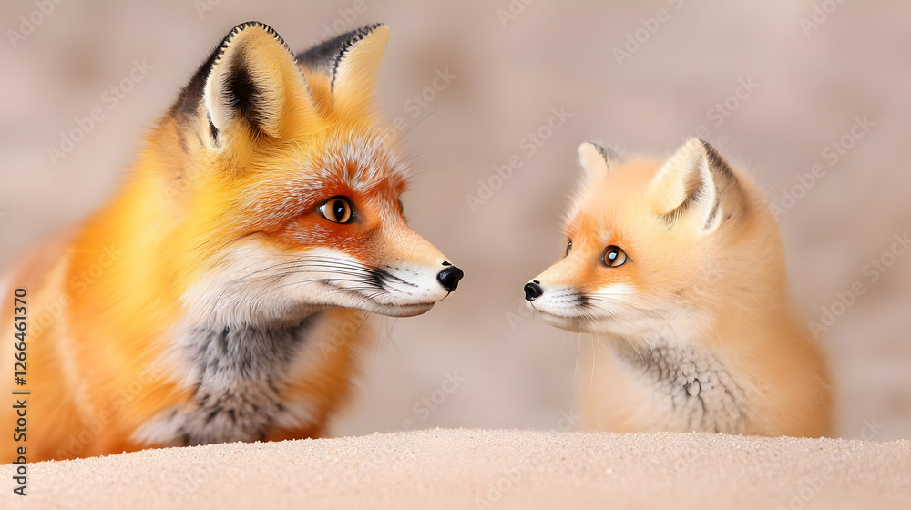 Obraz premium Red fox and kit facing each other, sandy background, wildlife scene, nature photography
